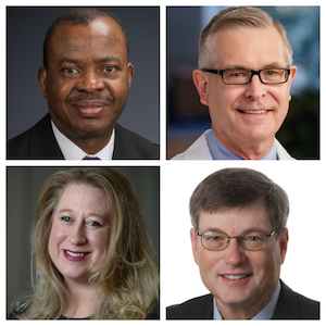 Dr. Emmanuel Otu, Dean  of Parkside’s College Of Natural & Health Sciences; Dr. John R. Raymond, President and CEO of the Medical College of Wisconsin, Dr. Jen Freiheit, Kenosha County Director of Health, and Dr. Russell Robertson, Vice President of Quality, Regulatory Patient Safety, and Data Governance for Elsevier. (Pictured Left to Right horizontally) 