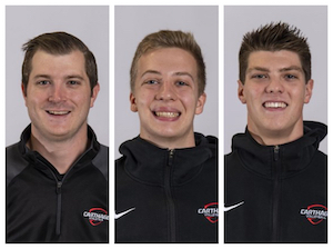 L to R: JW Kieckhefer, Head Coach, Matt Slivinski, Outside Hitter, Zach Buthuis, Middle Blocker with the 2022 National Championship Carthage Volleyball Team