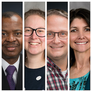 L to R: Dr. Emmanuel Otu, Dean, College Of Natural & Health Sciences; Laura Schulz, Associate Lecturer and Environmental Education Manager; Dr. Bryan Lewis, Associate Dean, College of Natural and Health Sciences and Director of Pre-Health Programs; and Dr. Penny Lyter, Associate Professor of Health, Exercise Science, and Sports Management.