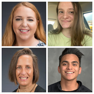 Top Row: Shannon Price, PhD (Left), Heather Peak, teacher education student (Right)  Bottom Row: Maria Franshaw, EDD (Left), Alexander Martinez, teacher education student (Right)