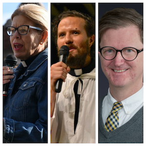 L to R: Pastor Susan Patterson-Sumwalt of First United Methodist Church; Pastor Jonathan Barker of Grace Lutheran Church; Christopher Hudspeth, Associate Professor of Philosophy at UW-Parkside 