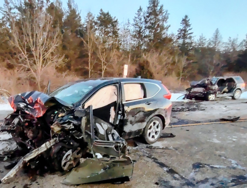 Two vehicles involved in head-on crash. 