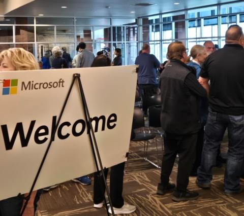 People attend a Microsoft Information session. 