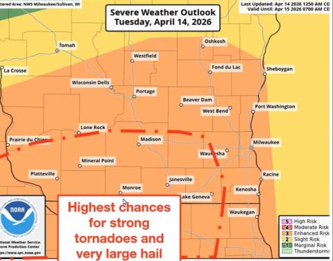 Map showing severe weather threat, with slightly lower prospects for severe weather closer to Lake Michigan. 