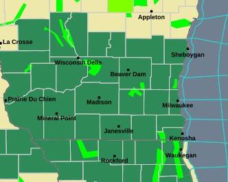 Map that shows southern Wisconsin is under a flood watch. 