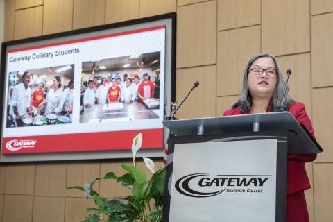 Veronique Tran delivering her inaugural address. 