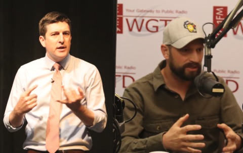 File photo of Bryan Steil and a pic of Mitch Berman in the WGTD studios. 
