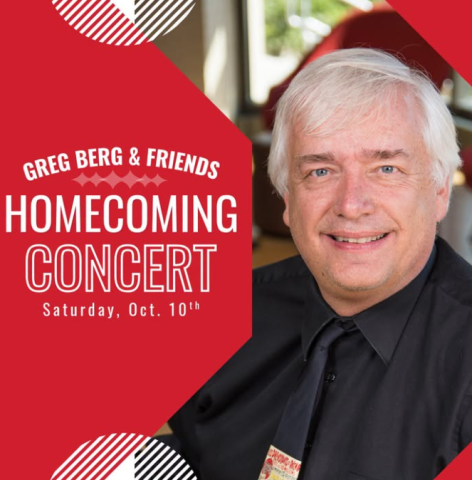Graphic promoting the Saturday evening concert with a photo of Greg. 