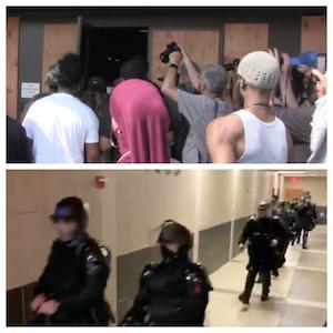 A Tale of Two Photos: Top - A group of individuals attempt to barge into a press conference with local and state officials; Bottom - A group of police officers respond in kind
