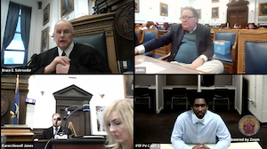 Zoom screen shots: Judge Schroeder, defense attorney Don Bielski, court reporter and Rakayo Vinson. 