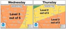 Maps make the point that the strongest of the storms may occur on Thursday