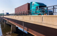 A semitruck on the Highway 12 bridge crossing over the Wisconsin River in Sauk City, Wis. on June 11, 2021. Bill Martens/WPR