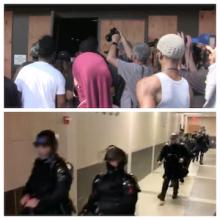 A Tale of Two Photos: Top - A group of individuals attempt to barge into a press conference with local and state officials; Bottom - A group of police officers respond in kind
